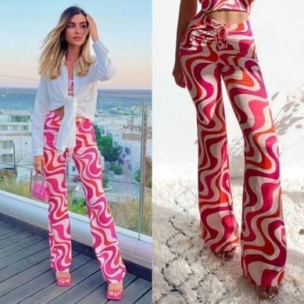 Zara flare wide leg pants high waisted ruched boho printed hippie summer